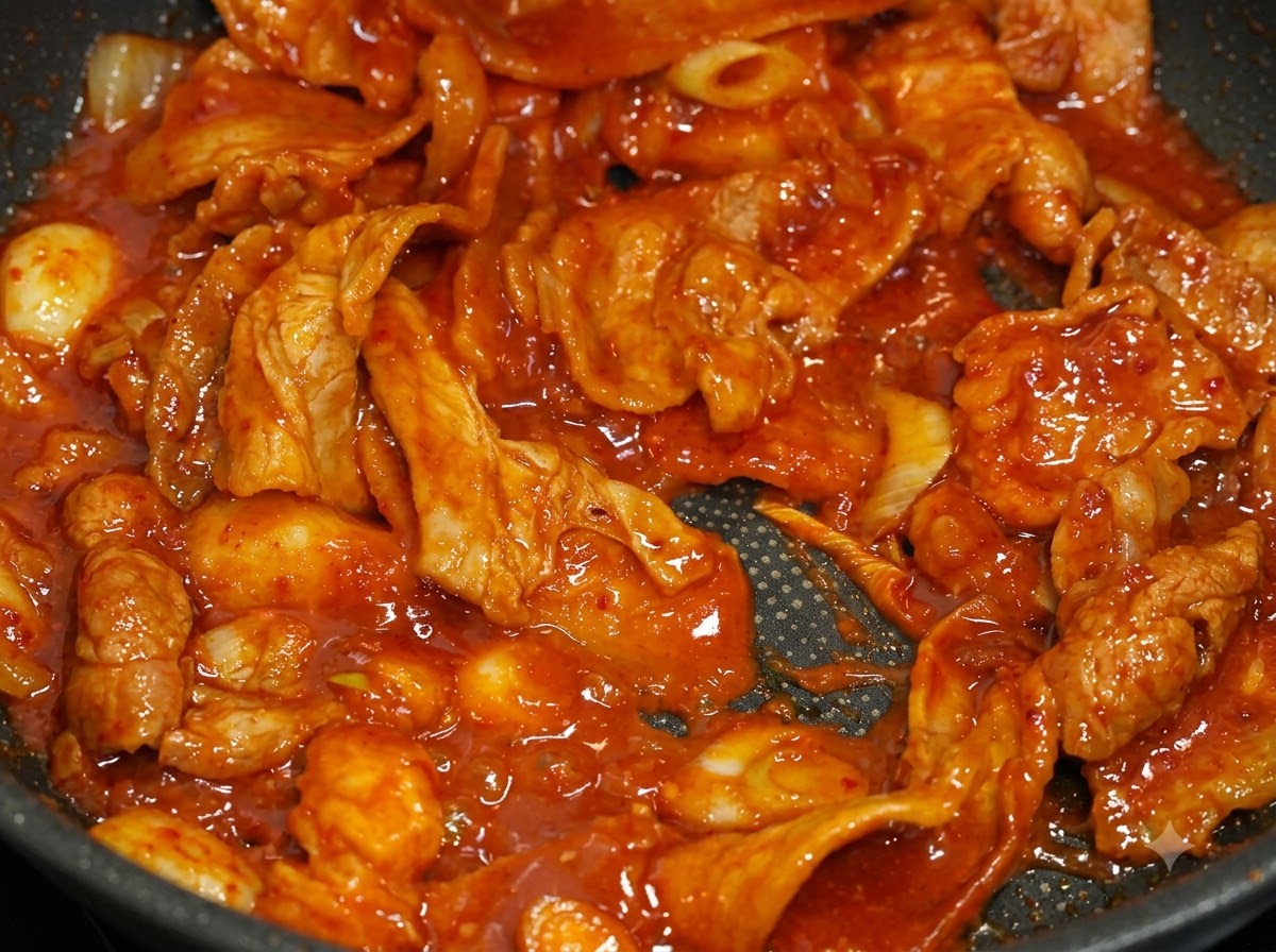 Thin slices of pork being stir-fried in a dark skillet with a thick, vibrant red chili sauce.