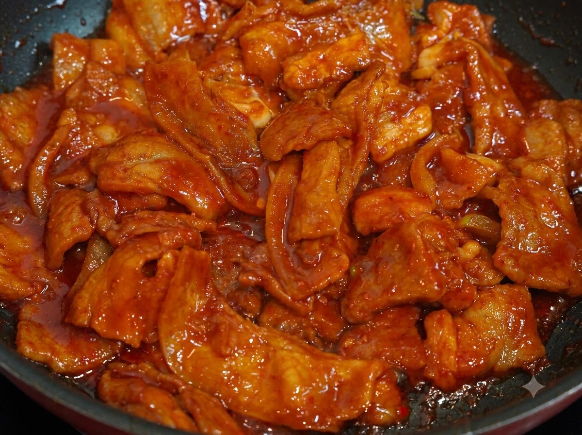Close-up of cooked spicy pork in a pan sprinkled with white sesame seeds.