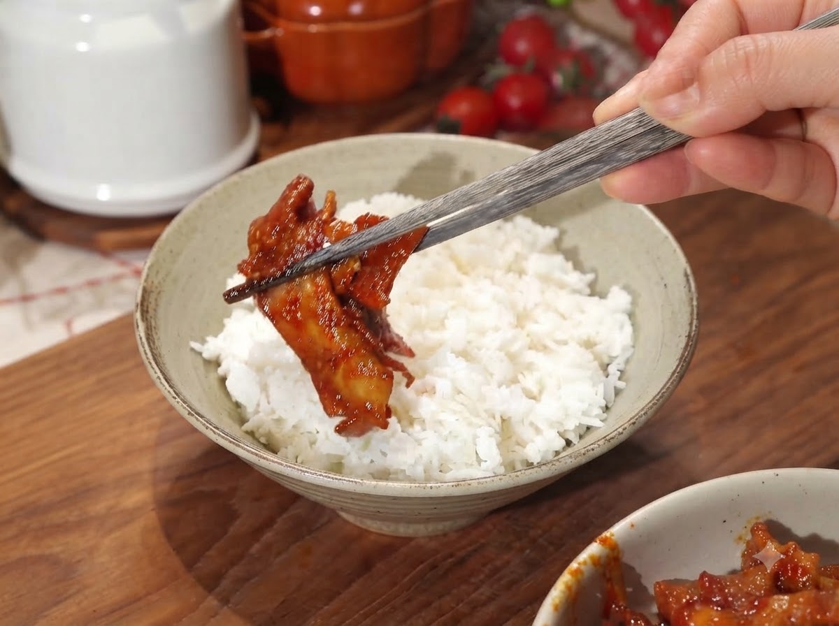 A hand holding chopsticks, placing a piece of spicy glazed pork onto a ceramic bowl filled with white rice.