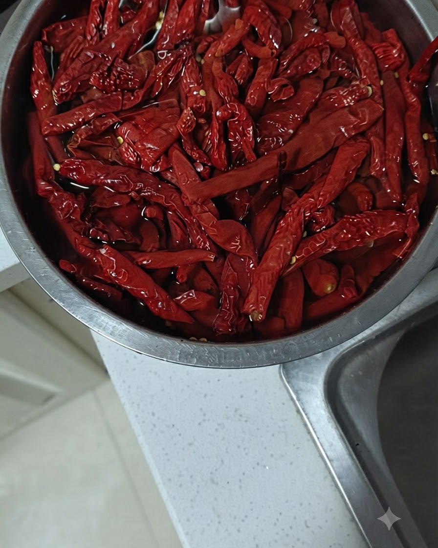 Dried red chili peppers being chopped into smaller pieces on a wooden cutting board with a cleaver.