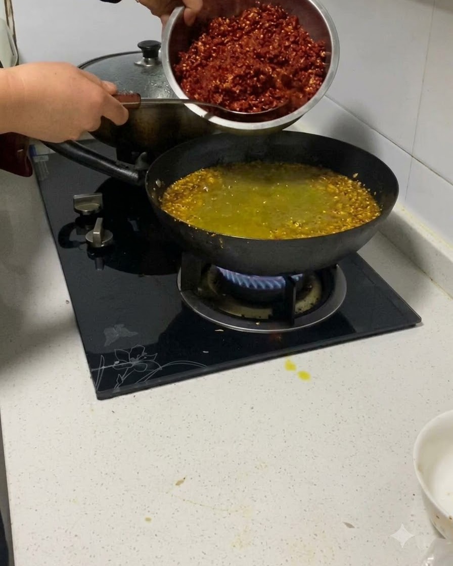 Chopped red chili peppers being added from a metal bowl into a wok with meat and aromatics.