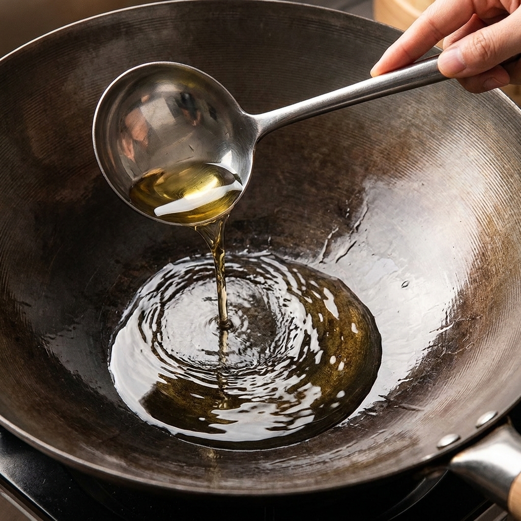 Cooking oil being poured from a ladle into a hot wok.
