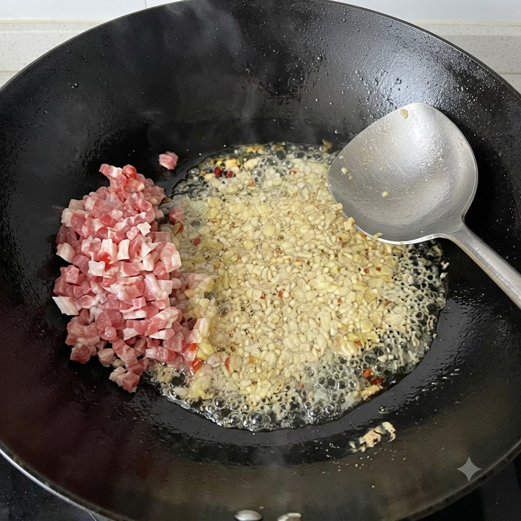 Diced meat and aromatic mixture being stir-fried in a wok.