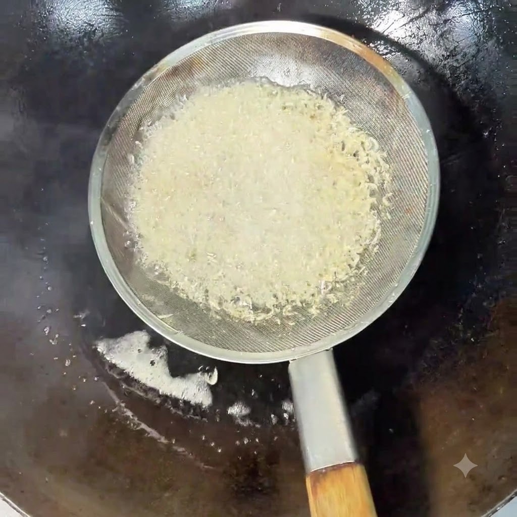 Dried shrimp being fried in hot oil inside a mesh strainer.