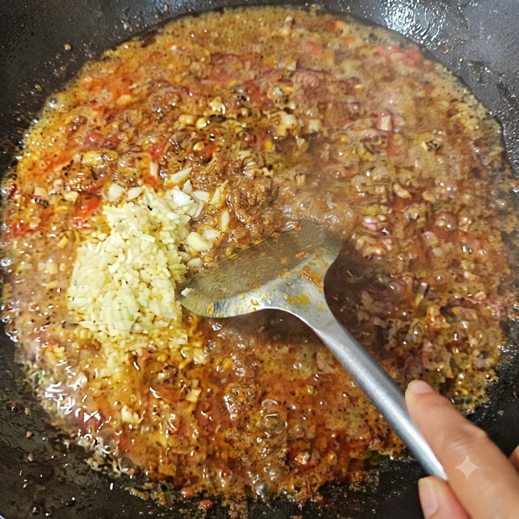 Dark sauce seasoning and additional aromatics being mixed into the wok contents.