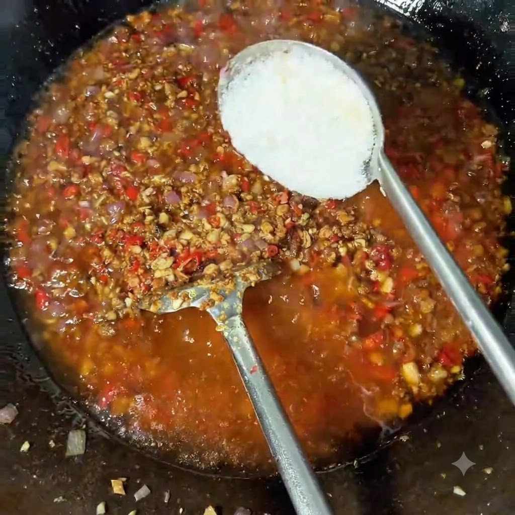 A spoonful of white paste and chili powder being added into the wok filled with simmering ingredients.