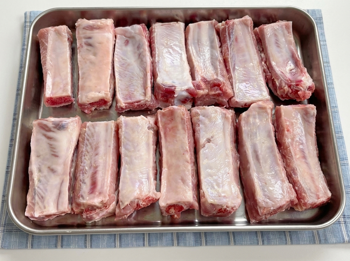 Raw pork spare ribs neatly lined up in a row inside a metal baking tray.
