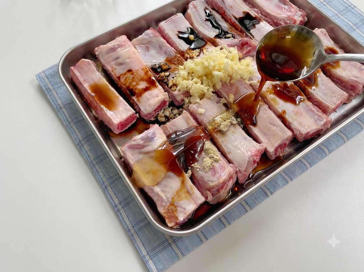 Cornstarch, salt, and pepper sprinkled over the sauce-covered spare ribs.