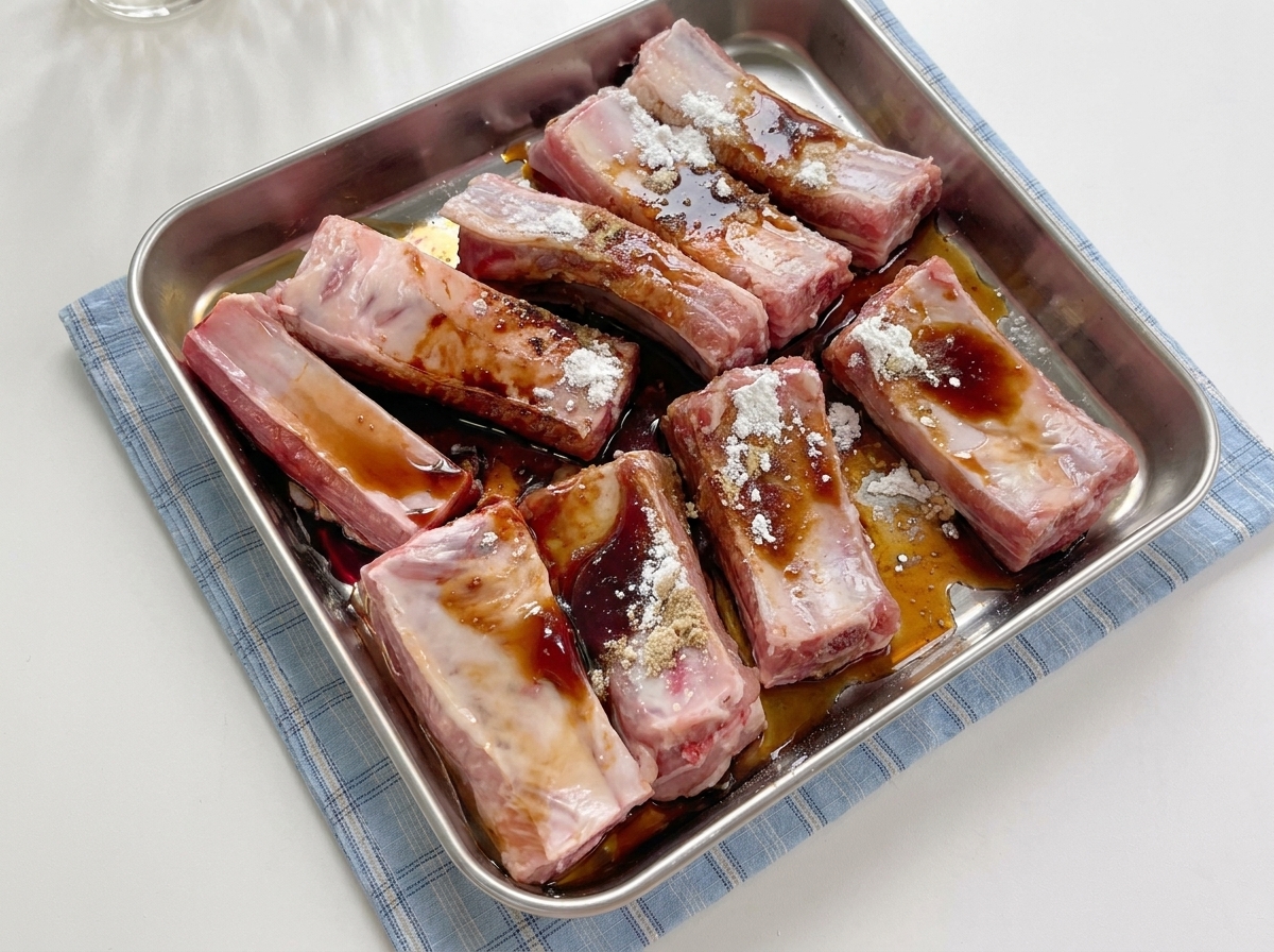 Spare ribs thoroughly coated in marinade and seasonings inside the metal tray.