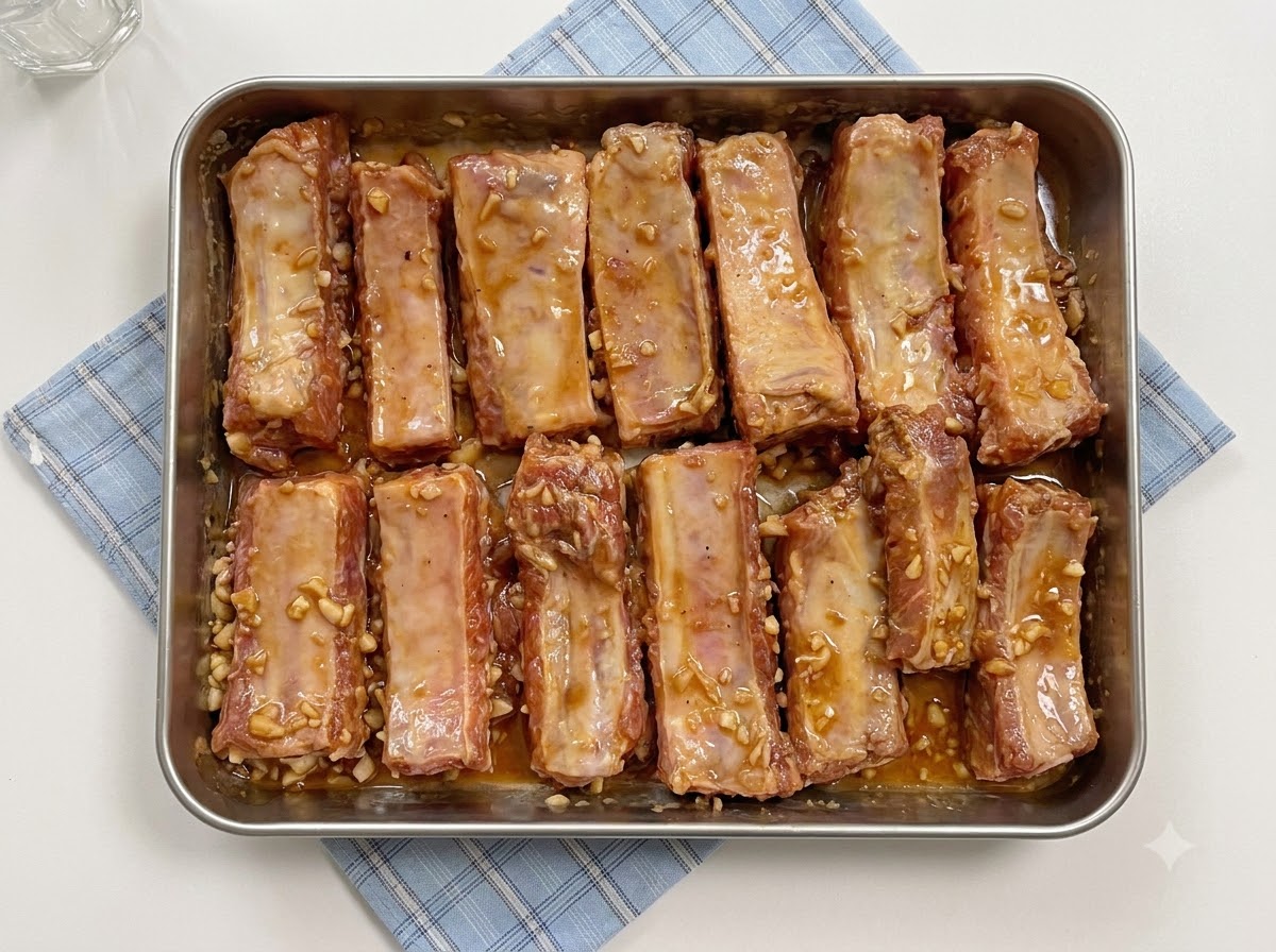 A metal tray of marinated spare ribs securely covered with a sheet of aluminum foil.