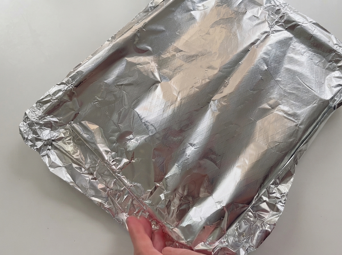 A foil-covered baking tray with marinated spare ribs being placed inside the oven.