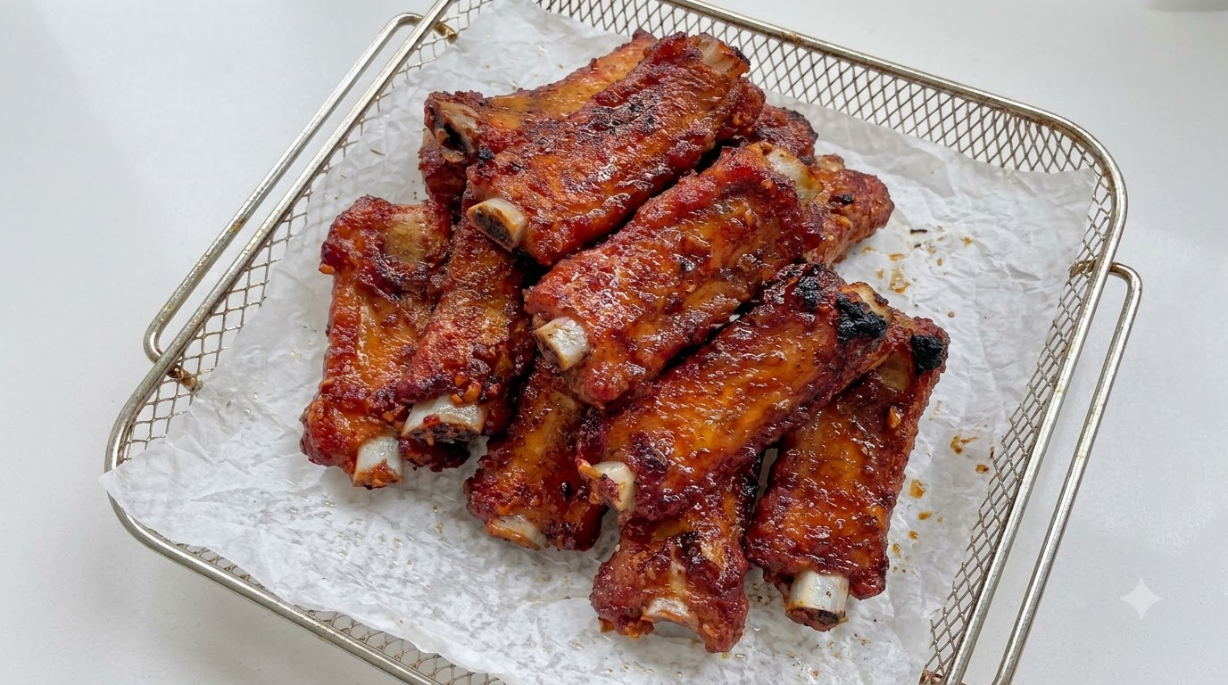 A close-up overhead shot of glossy, reddish-brown roasted spare ribs neatly stacked in a wire basket lined with white parchment paper.