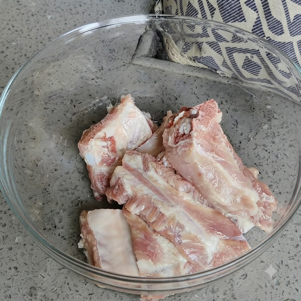 A bottle pouring honey over fresh raw pork pieces arranged inside a clear mixing bowl.