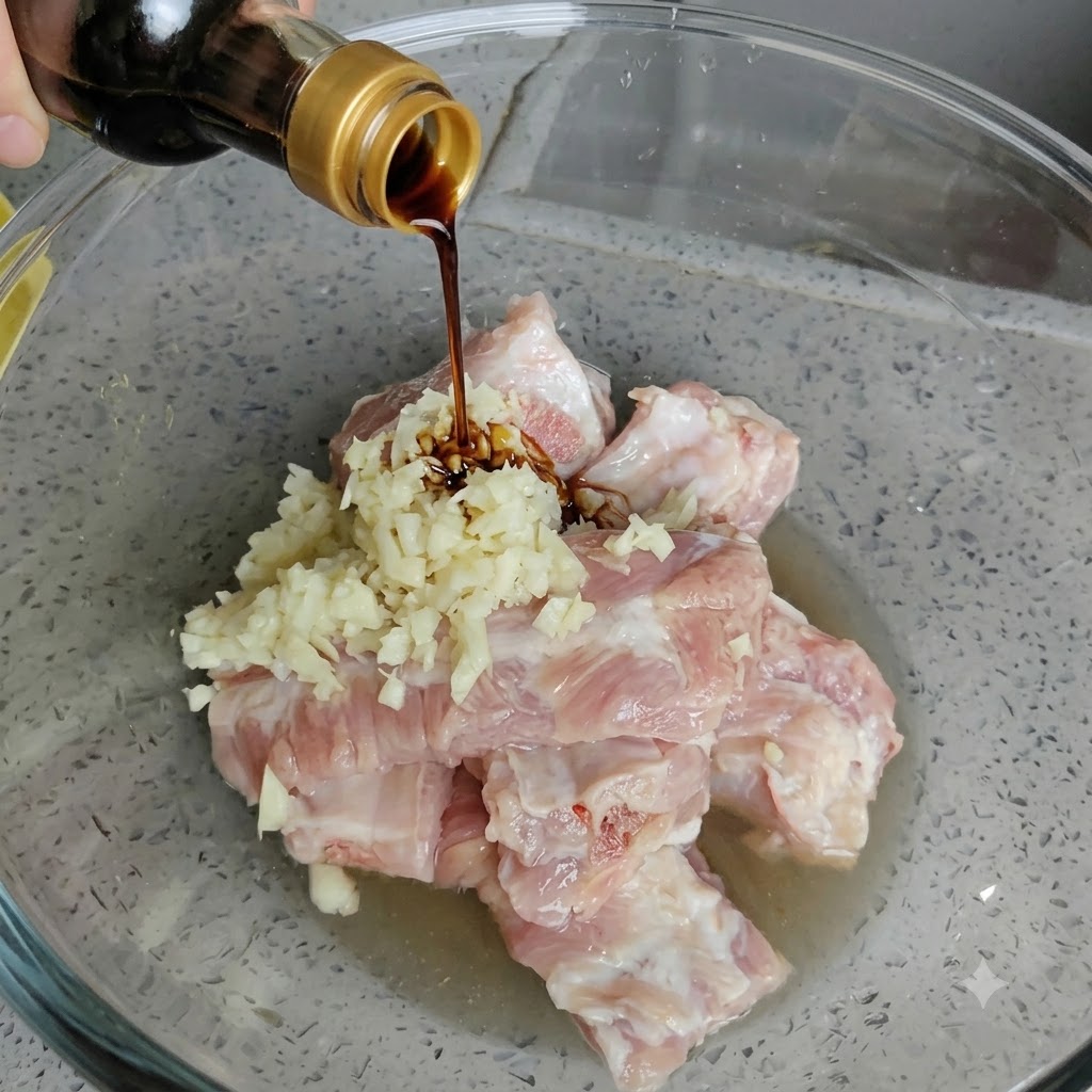 Light soy sauce being poured from a bottle onto the pork ribs and garlic mixture.