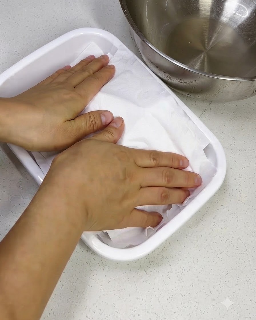 Hands pressing a white paper towel over raw pork ribs in a rectangular white dish.