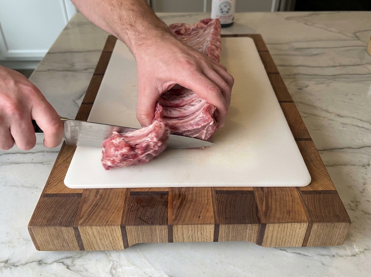 A slab of raw pork ribs being sliced into individual bone-in pieces with a knife on a cutting board.