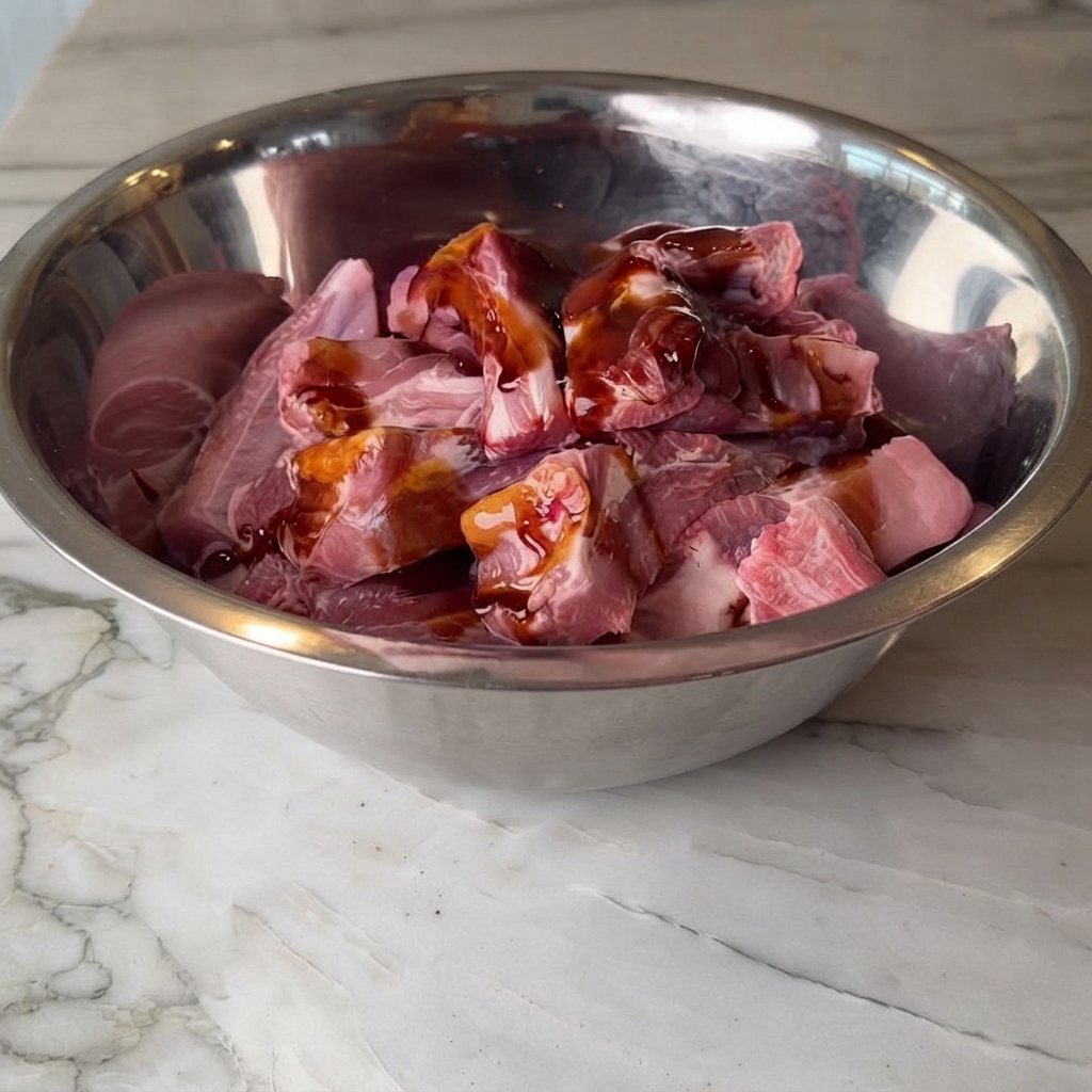 Soy sauce, dark soy sauce, and oyster sauce poured over raw pork rib pieces in a stainless steel mixing bowl.