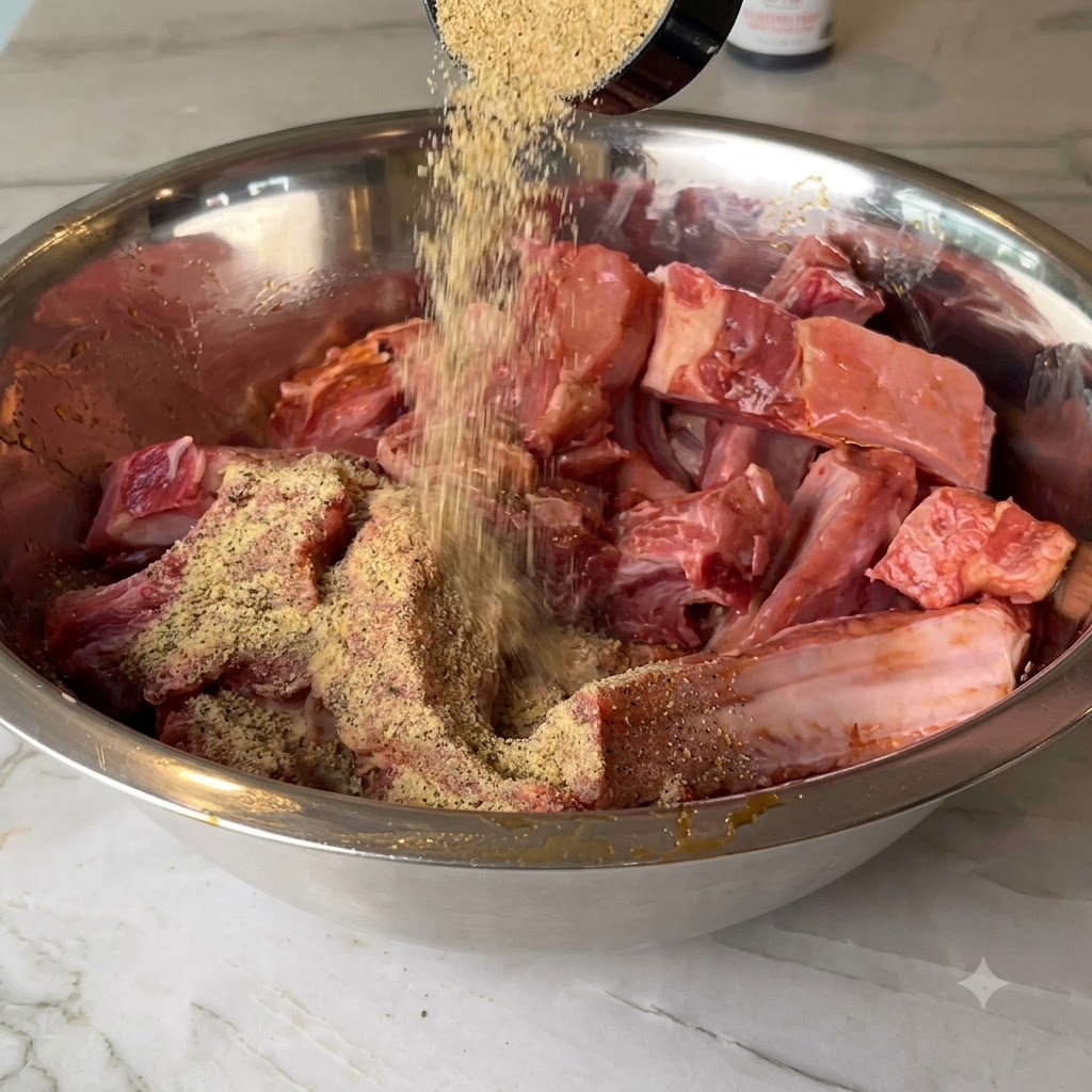 Barbecue seasoning and chili powder being sprinkled over cut pork ribs in a metal bowl.