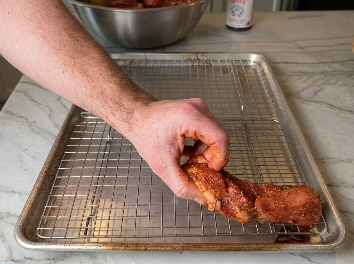 Marinated pork ribs laid out neatly on a metal wire rack over a baking sheet.