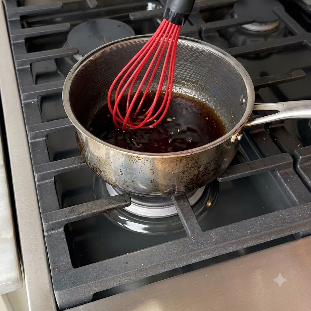 Honey garlic sauce with butter, garlic, and red pepper flakes simmering and being whisked in a saucepan on a stovetop.