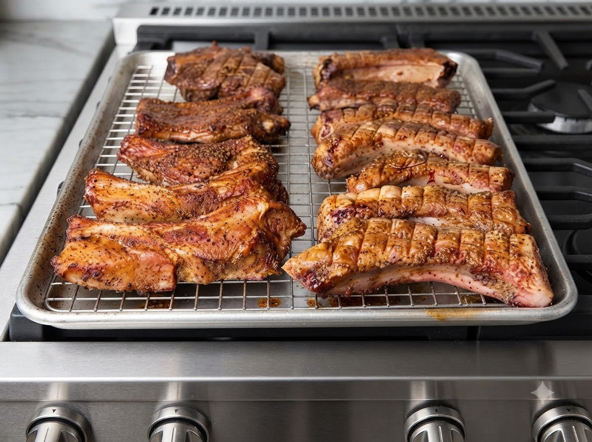 Baked pork ribs arranged on a wire rack receiving a thorough coating of brown glaze brushed across their surface.