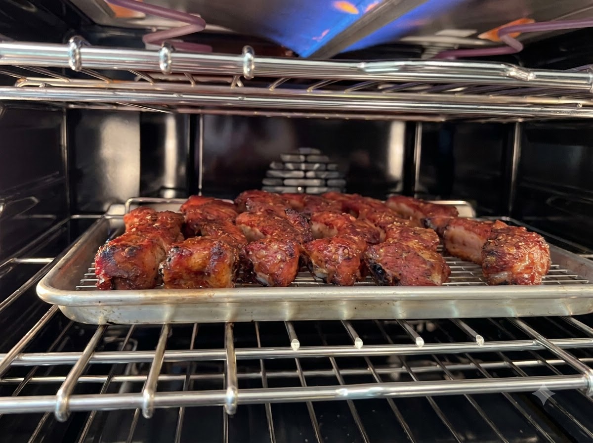 Pork ribs resting on a wire rack inside a hot oven while being brushed with sauce.