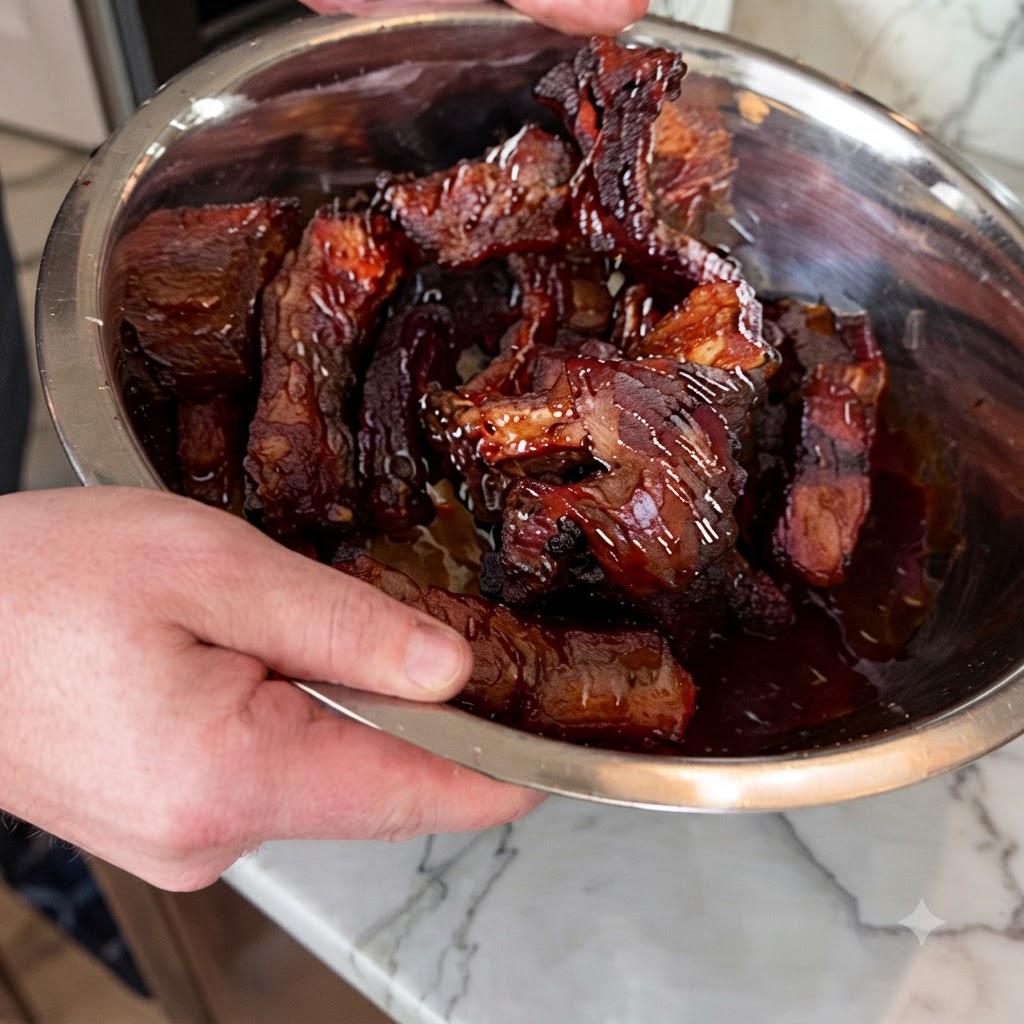 Crispy cooked ribs being mixed in a large stainless steel bowl with a rich dark glaze.