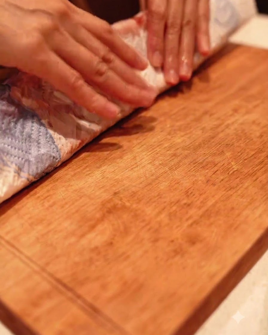 Spare ribs being prepped and cut on a wooden cutting board.