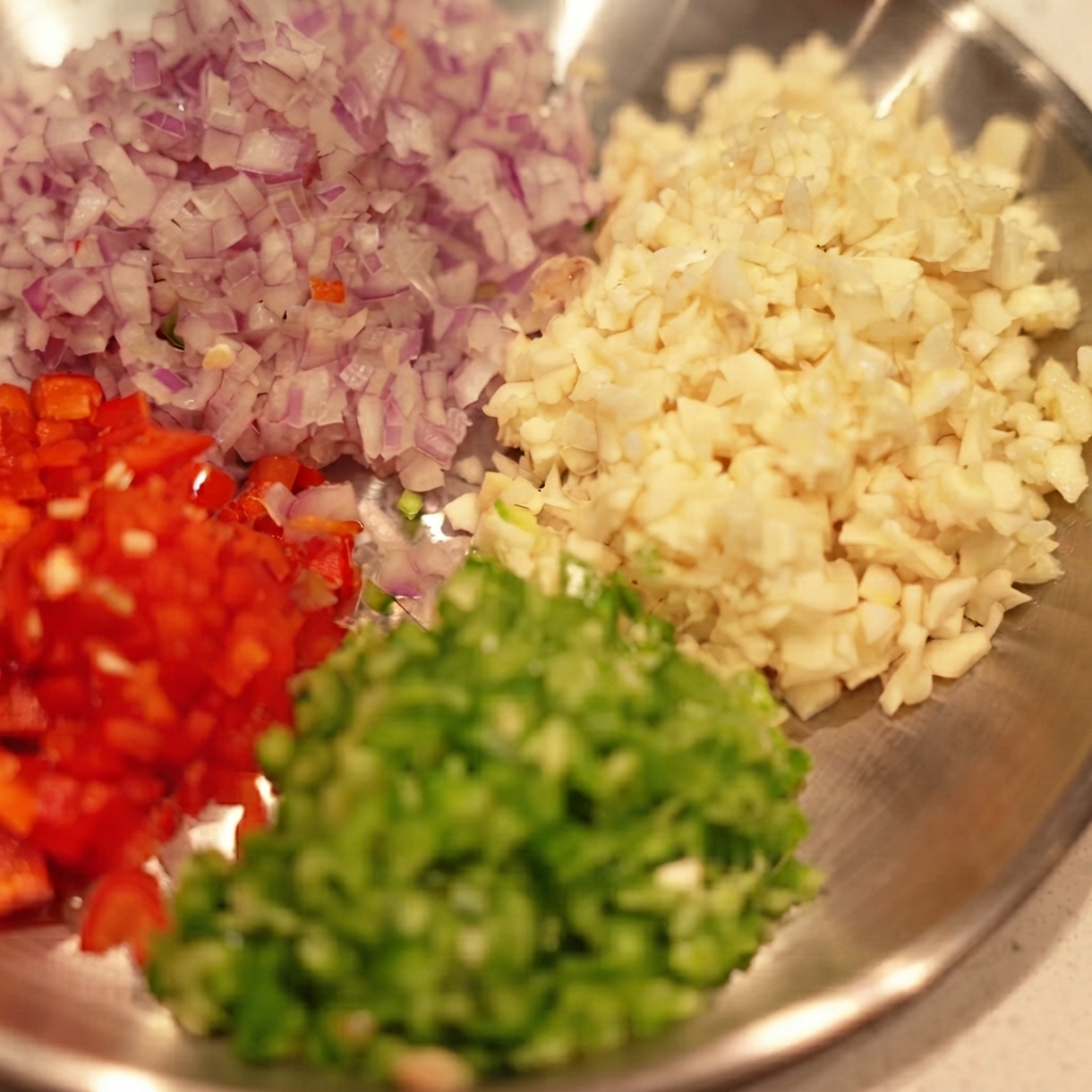A metal tray filled with finely chopped red onion, minced garlic, red chili, and green chili.