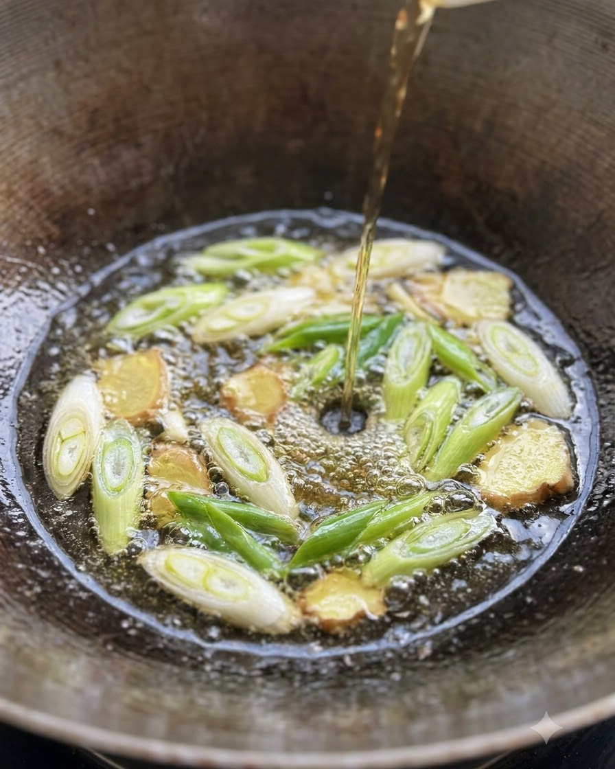 Pork ribs boiling in a wok with sliced green onions and ginger.