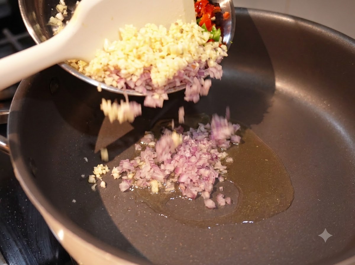 Minced onions, garlic, and chilies being poured into a pan with oil.