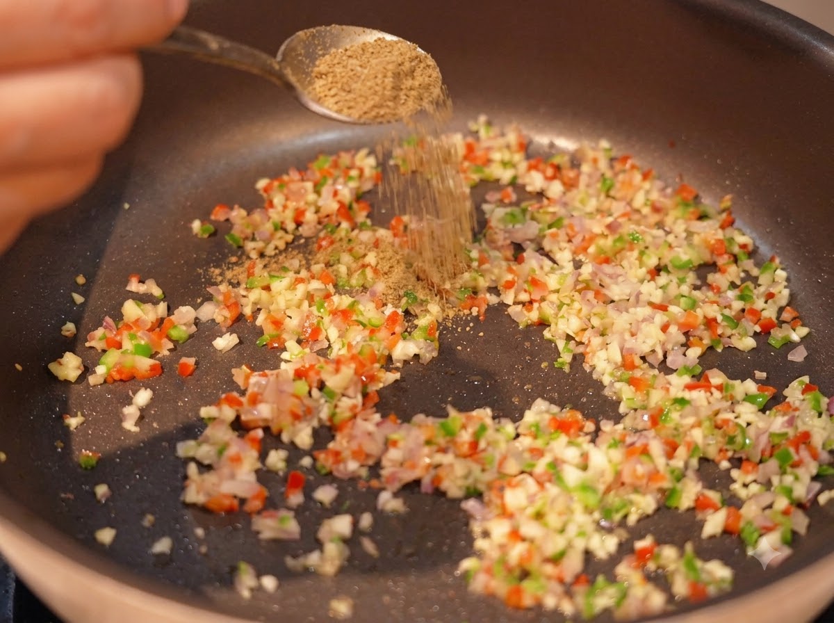 Cumin powder being sprinkled from a spoon onto the sautéed aromatics in a pan.