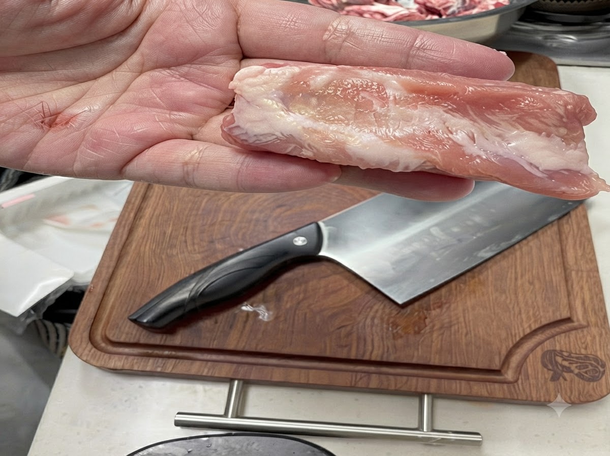 A close-up of a raw pork rib piece being held above a wooden cutting board with a cleaver.