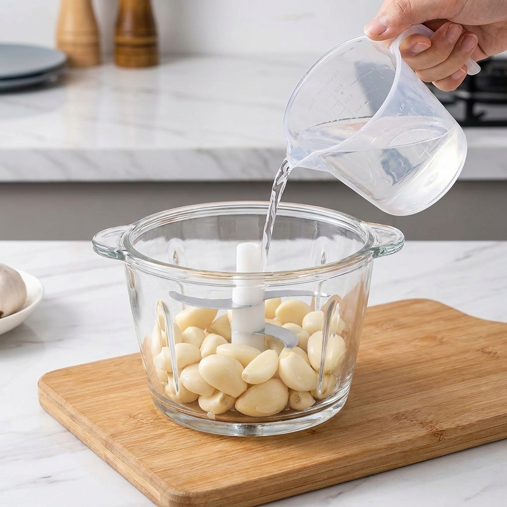 Garlic cloves and water being added into a glass food processor bowl on a wooden board.