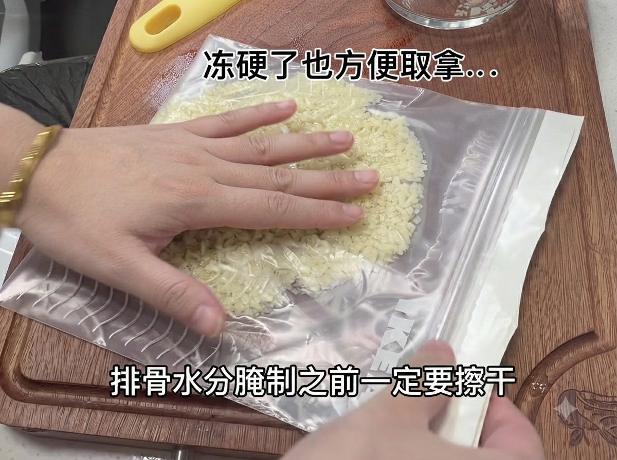 A hand pressing paper towels onto a flat package of food items on a wooden cutting board with text overlay.