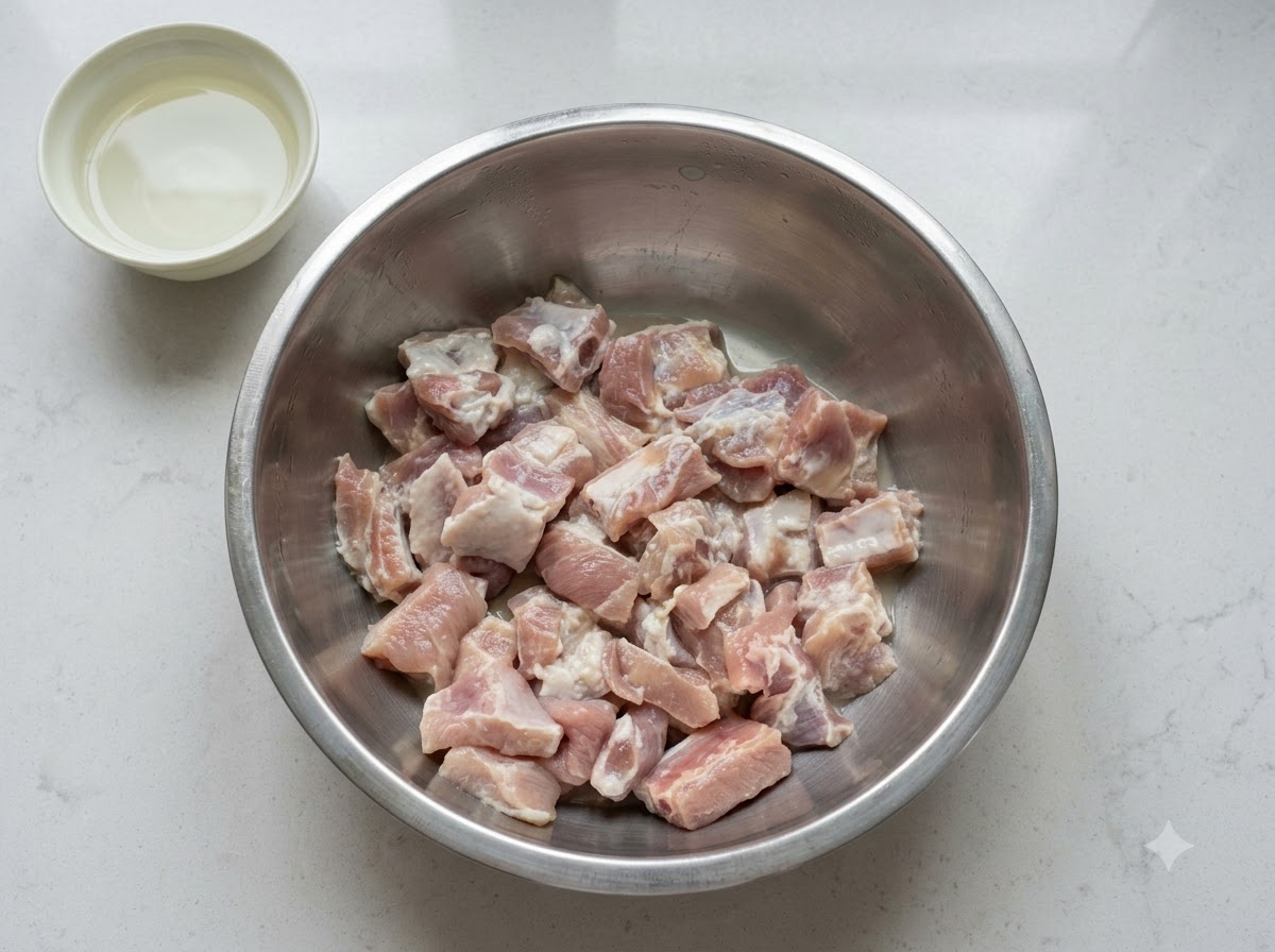 A bowl of marinated pork ribs with a separate small bowl of egg white placed nearby on a white countertop.