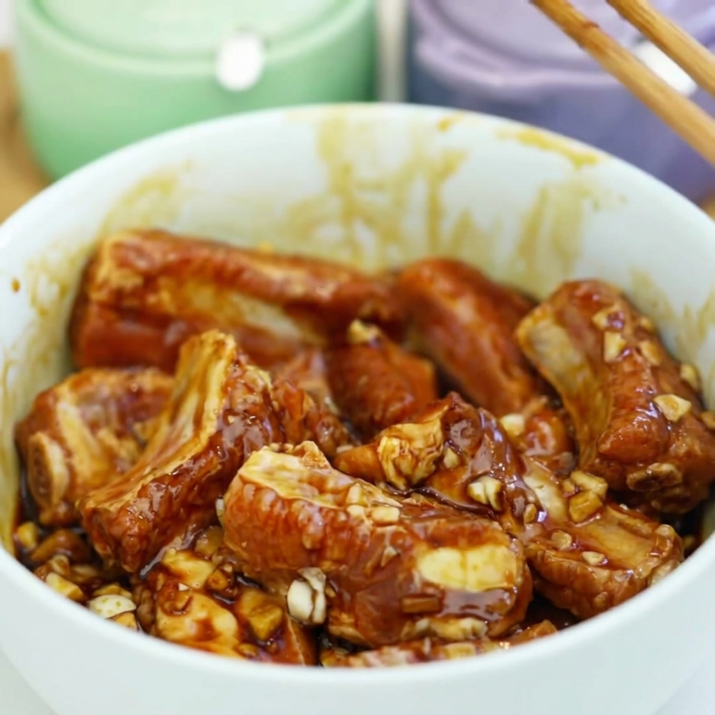 Seasoned pork ribs inside a bowl with added salt, sugar, and starch coating the surface.