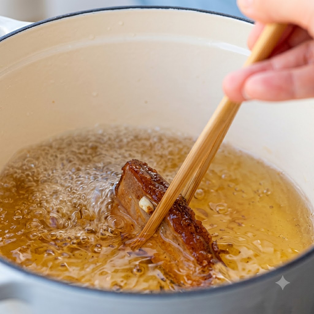 Pork ribs frying in hot cooking oil inside a pot while being stirred with wooden chopsticks.