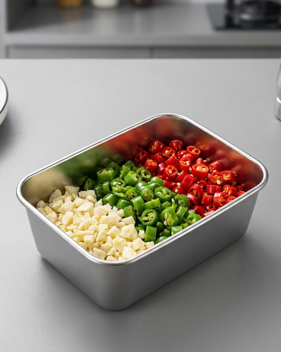 Minced garlic, chopped green peppers, and sliced red chili peppers organized neatly inside a steel container.