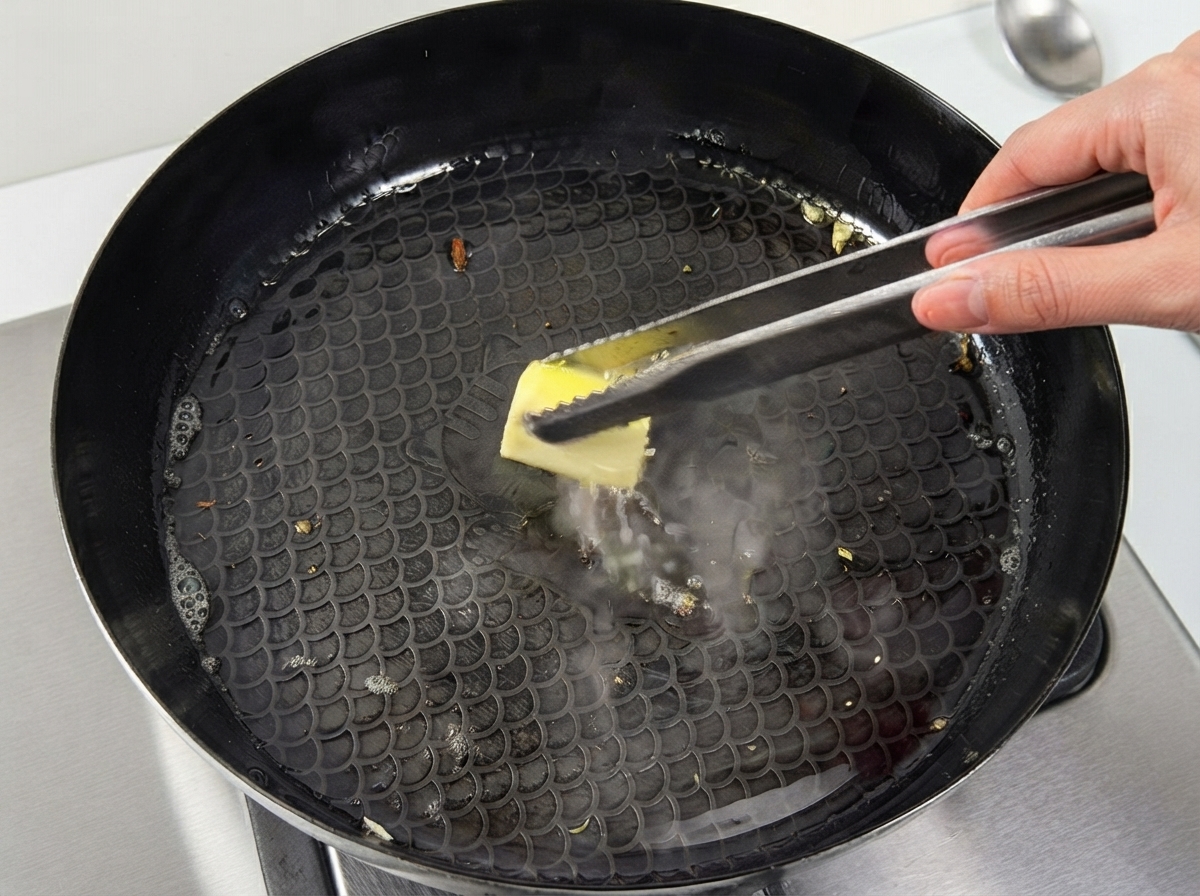 A pair of metal tongs placing a pat of butter into a hot pan with melted oil.