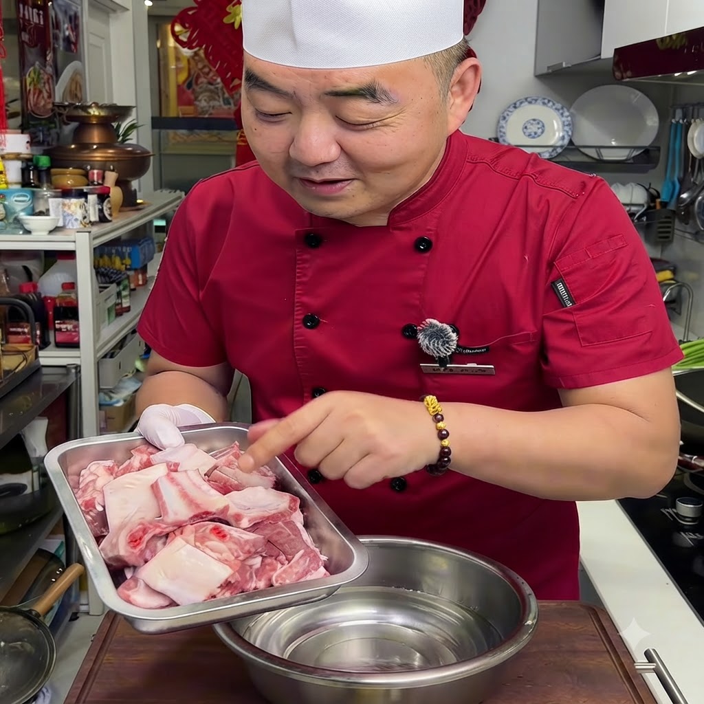 Freshly chopped raw pork ribs laid out in a metal preparation tray.