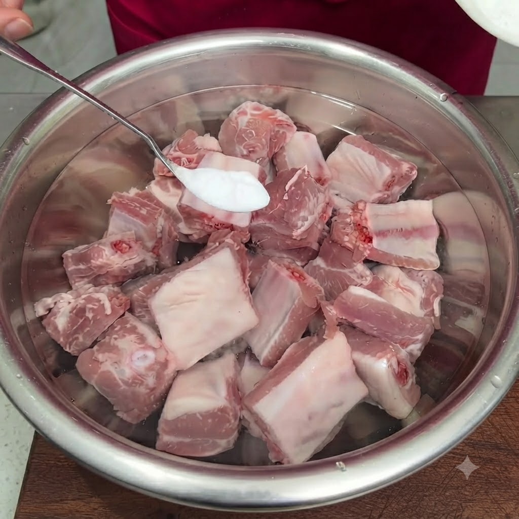 A spoonful of white baking soda being added to raw pork ribs soaking in a metal bowl of water.