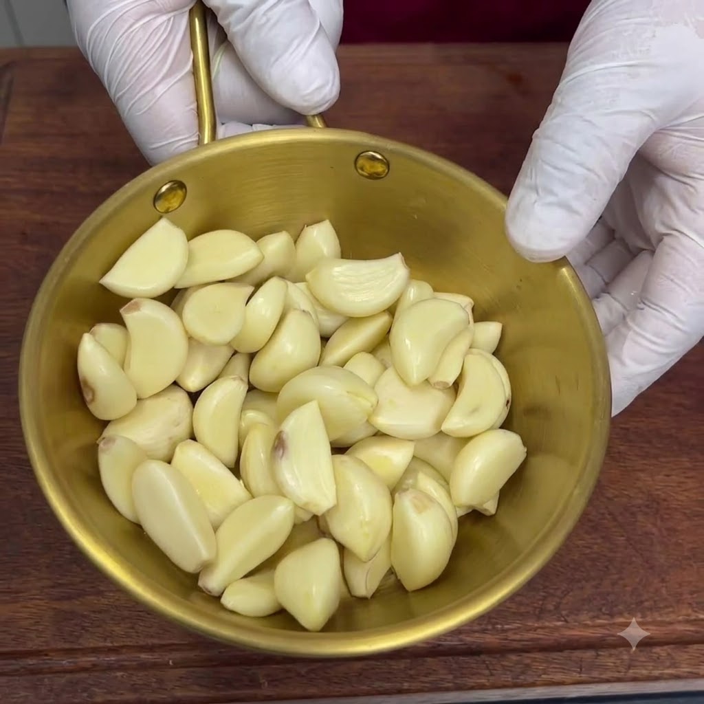 Peeled garlic cloves loaded into a food chopper for blending.