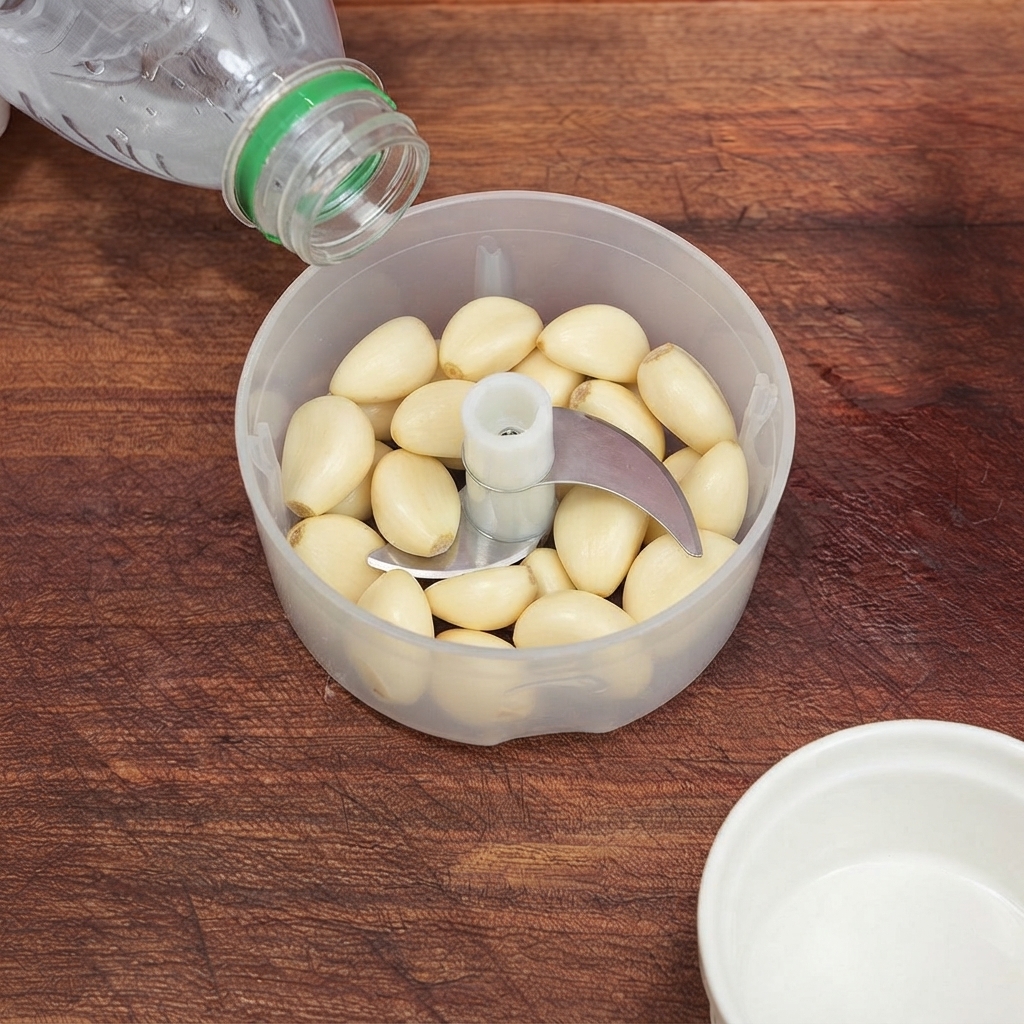 Water being poured from a plastic bottle into a small manual food chopper filled with peeled garlic cloves.