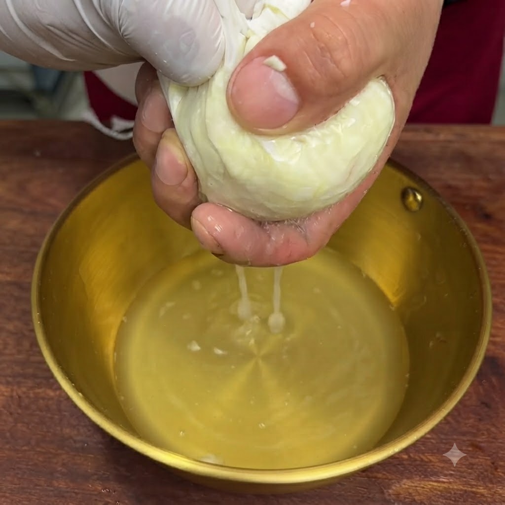 Hands tightly squeezing a white filter bag to extract drops of garlic juice into a brass bowl.
