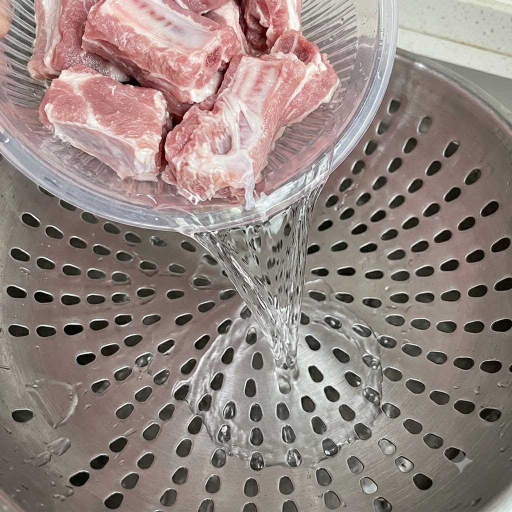 Washed pale raw pork ribs draining inside a colander.
