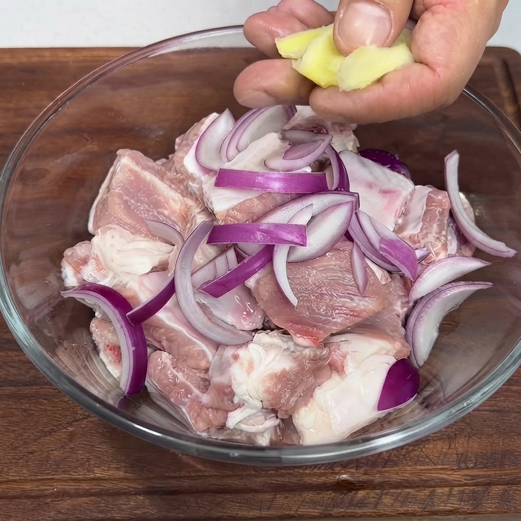 A person placing ginger slices into a glass bowl filled with chopped raw pork ribs and sliced red onions.
