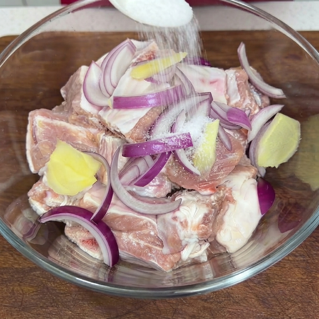 A spoonful of white salt being sprinkled from above onto the raw pork ribs and red onions in a glass bowl.