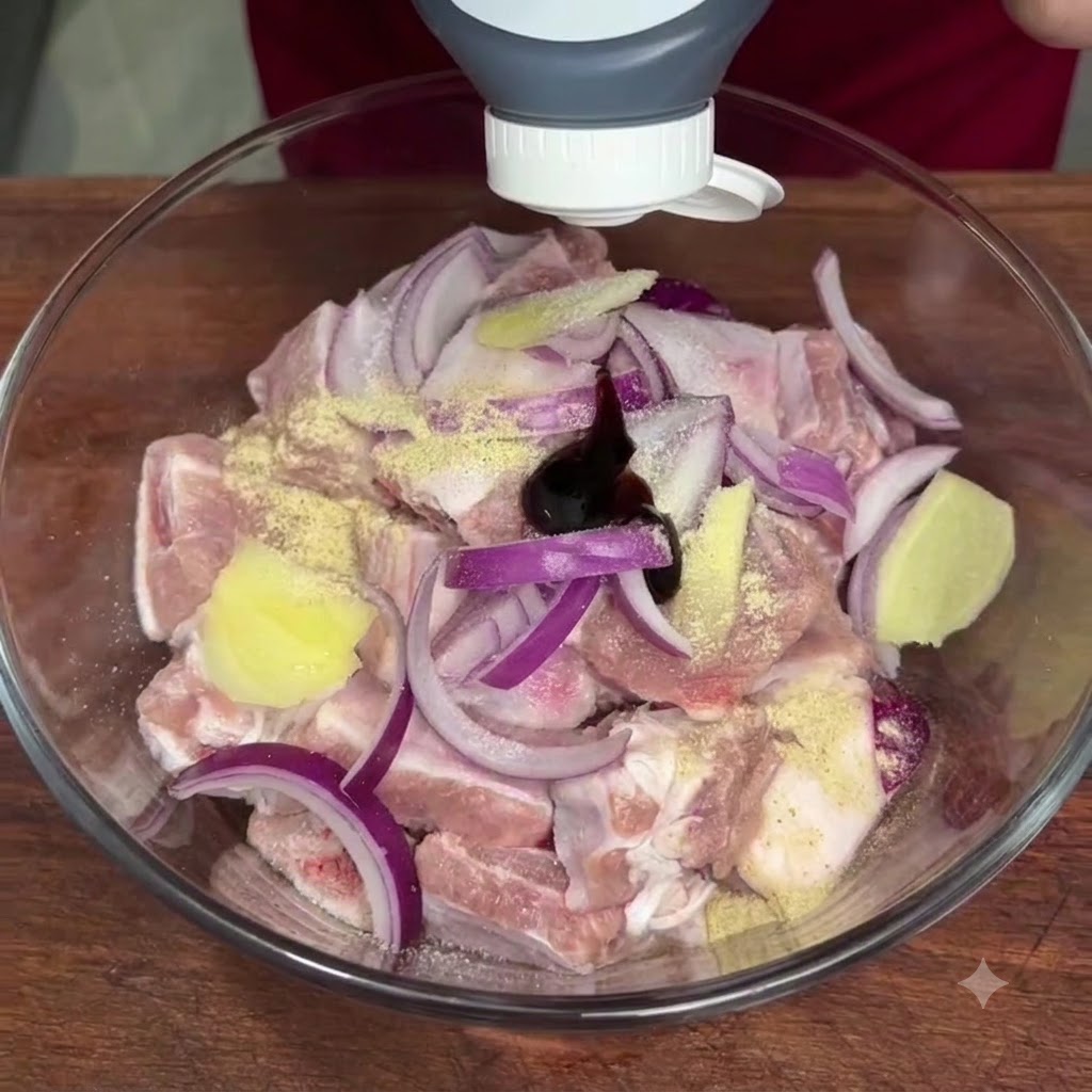 Oyster sauce being squeezed from a bottle into the center of the seasoned pork ribs in a glass bowl.