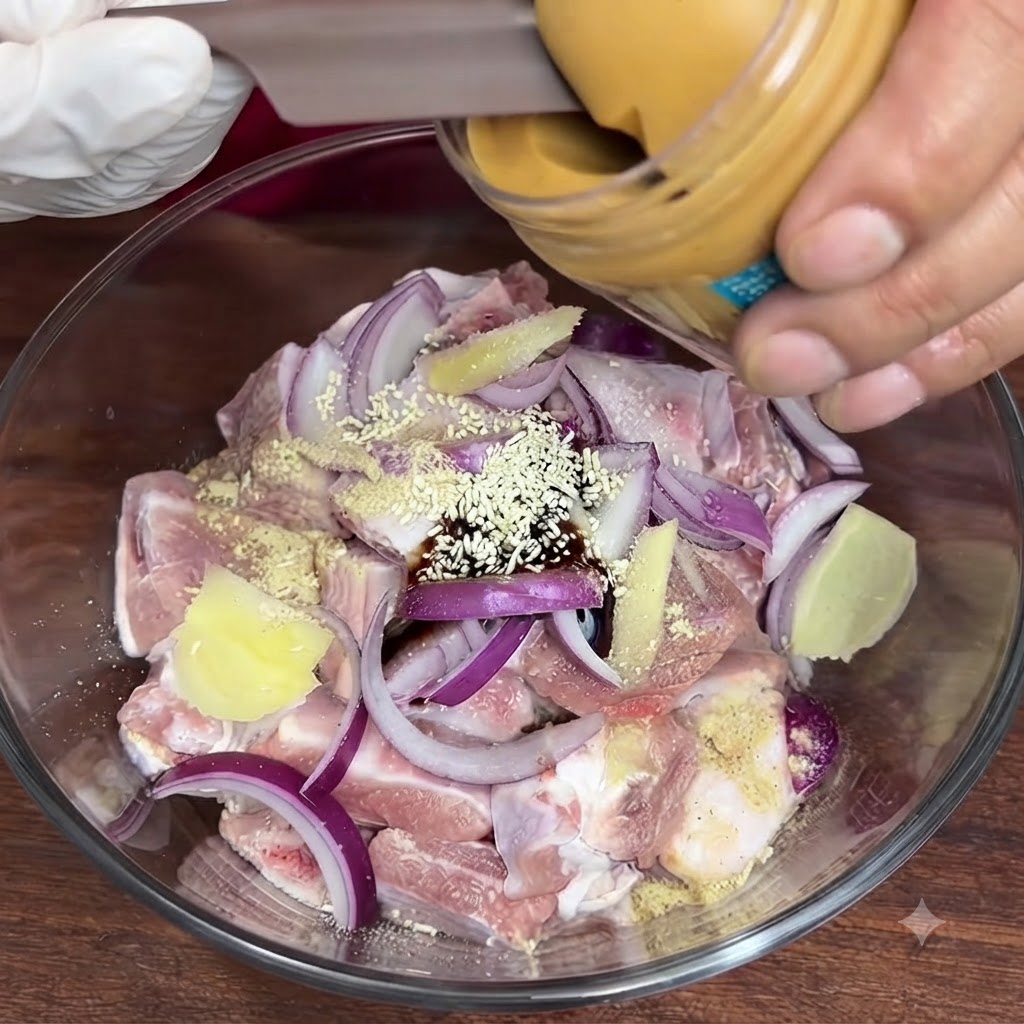 A large dollop of creamy peanut butter being scraped from a container into the bowl of marinated pork ribs.